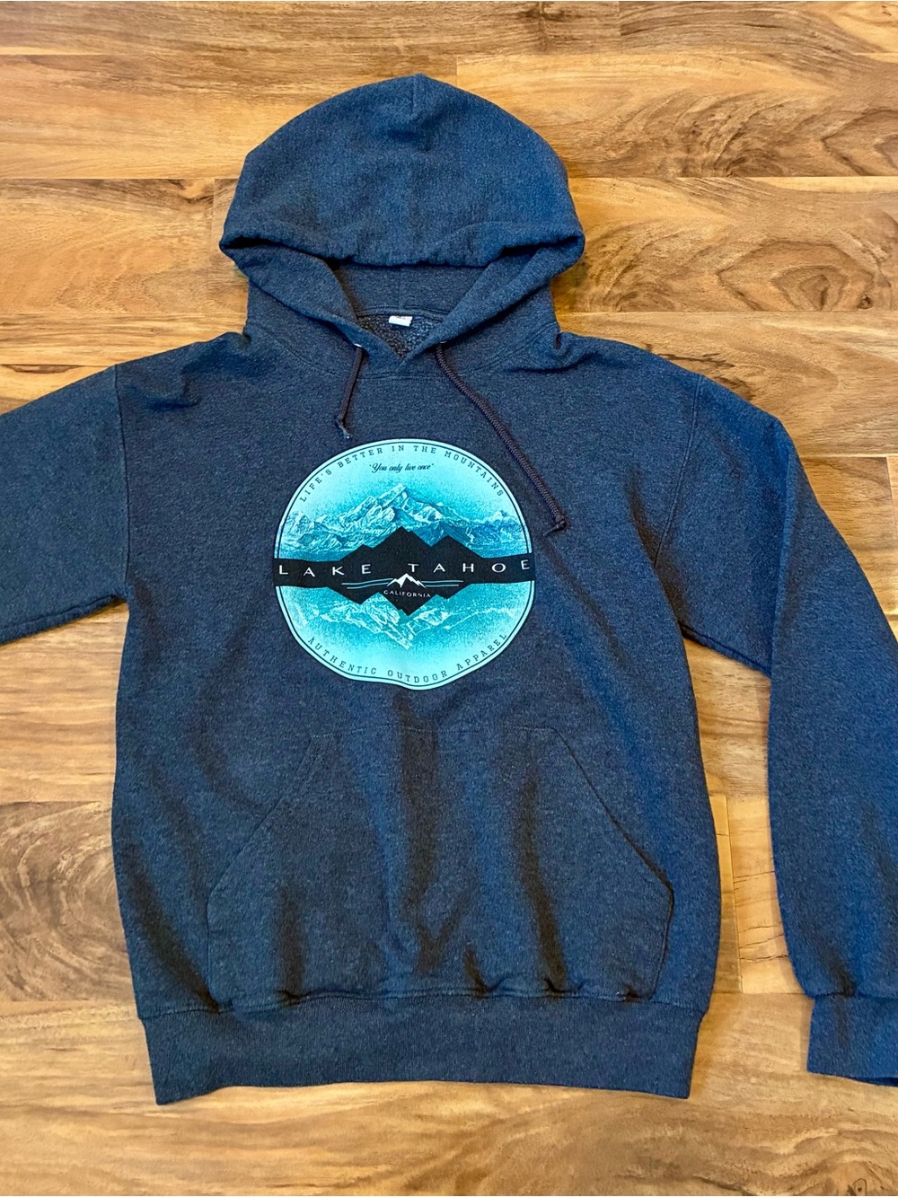 Jerzees Lake Tahoe Graphic Hoodie Small Gray Outdoor Pullover Sweatshirt